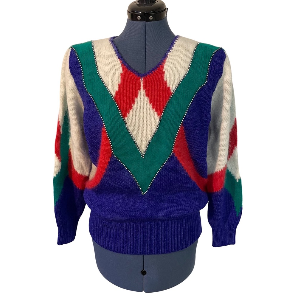 Vtg Christine 80s Angora Wool Colorblock Rhinestone Chevron Sweater Twee Retro L